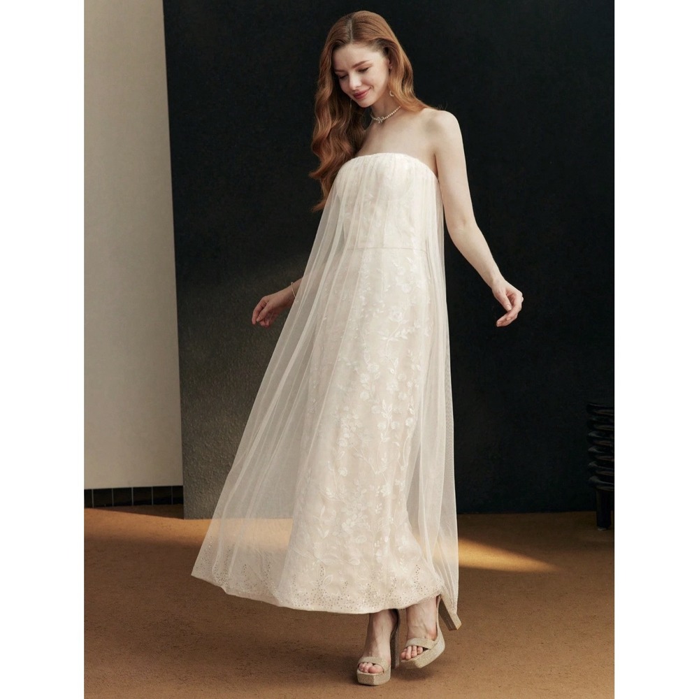 Motf Women Formal Dress Large Apricot Elegant Tube Long Floral Embroidery Beads
